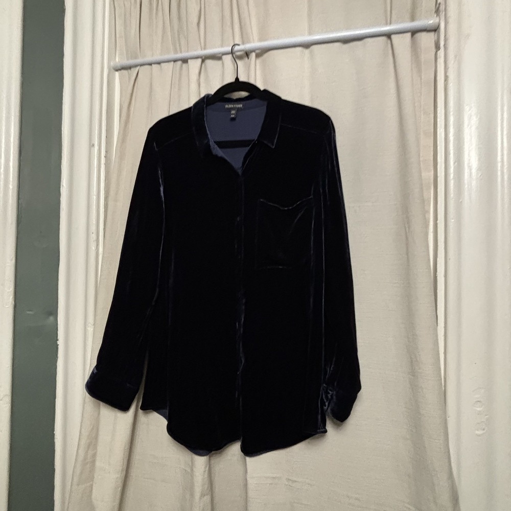 Stunning Deep Blue Eileen Fisher Women's Velvet Button Down Shirt Size M